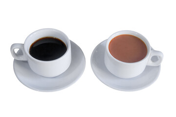 Two cups with black coffee and coffee with milk isolate on a white background.