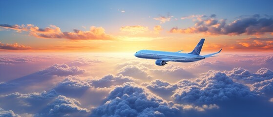 Passengers commercial airplane flying above clouds in sunset light. Concept of fast travel, holidays and business.