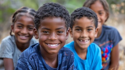 A group of four smiling children are sitting together on a bench, AI