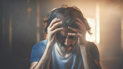 An intense portrayal of a man in distress, gripping his head with a pained expression, suggesting a severe headache or mental anguish in a dimly lit atmosphere. Depression and apathy. Sad mood