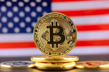 Bitcoin on American flag. Cryptocurrency and United States of America concept