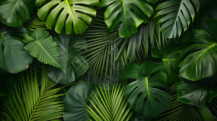 Horizontal banner or background made of green tropical palm leaves