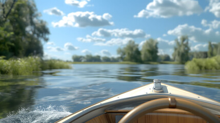 POV riding a boat on a lake in nature on a sunny summer day