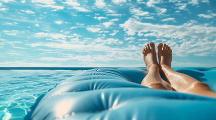 Legs and feet of a person lying on a blue inflatable air mattress floating in the sea during summer vacation
