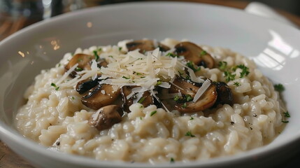 Creamy risotto with wild mushrooms and parmesan cheese in a white dish.