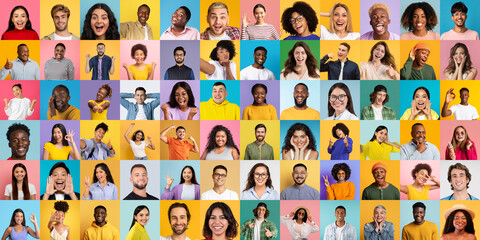 Diverse men and women captured with heartfelt smiles and laughter, epitomizing a sense of camaraderie against colorful backdrops