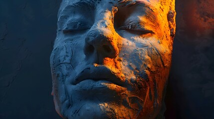 A close view of a cracked clay sculpture portraying interracial human face.
