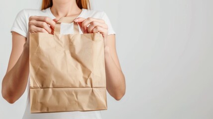 Close up young female hands holding a brown paper bag on white background. AI generated image