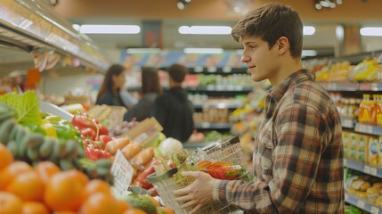 Portrait a young man buy fresh food at grocery in supermarket background. AI generated image