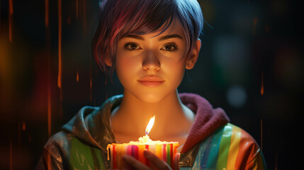 A young woman with a short haircut wearing a rainbow jacket holds a lit rainbow candle. Against homophobia - obrazy, fototapety, plakaty