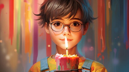 Girl with short haircut wearing glasses celebrating her birthday. Holding a homemade rainbow cake on a rainbow background. - obrazy, fototapety, plakaty