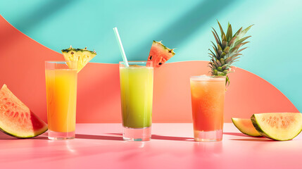 Trio of tropical fruit smoothies in tall glasses, garnished with fresh pineapple and watermelon. Vibrant summer refreshment concept. Design for menu, poster, beverage advertisement