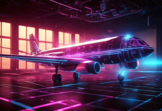 'rendering 3d aeroplane neon illustration glowing technology blueprint futuristic hologram show business premium security product finance transportation three-dimensional aerial air'