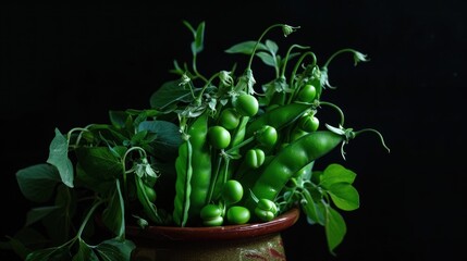 Closeup of group green pods with peas in bowl on dark background. AI generated image
