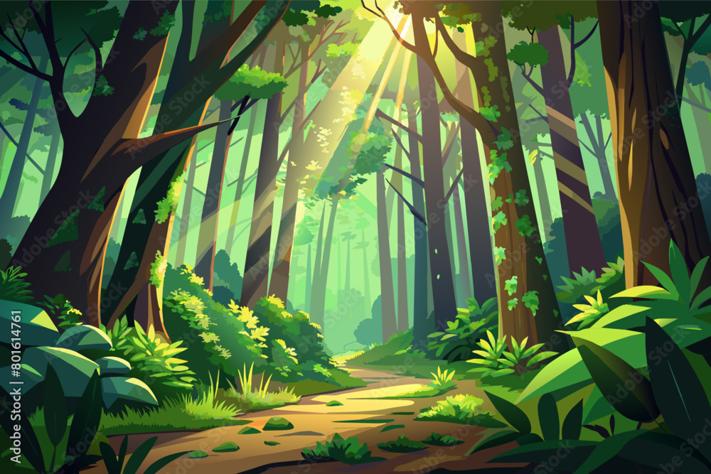 Poster a lush green forest with sunlight streaming through the leaves, illuminating the forest floor in spr