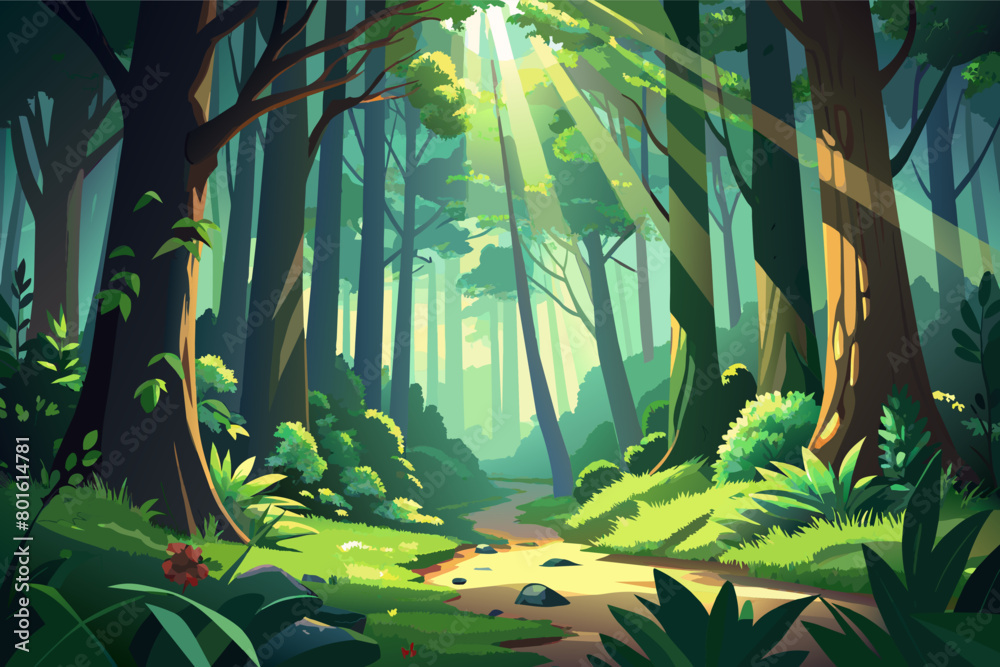 Poster a lush green forest with sunlight streaming through the leaves, illuminating the forest floor in spr