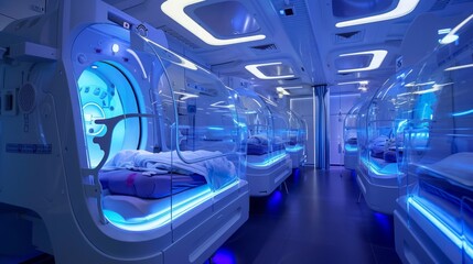 A room filled with numerous beds and bright lights casting a warm glow over the space.