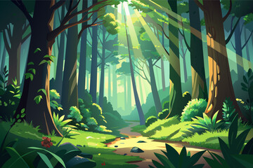 A lush green forest with sunlight streaming through the leaves, illuminating the forest floor in spring