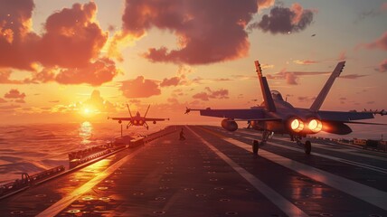 F16 fighter jets starting on an aircraft carrier at sunset created with Generative AI - obrazy, fototapety, plakaty
