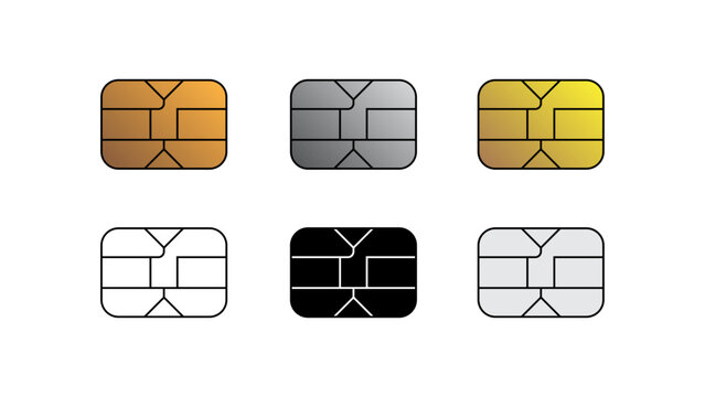 EMV gold, silver and flat chip icon for bank plastic credit or debit charge card. Vector EMV chip illustration set.