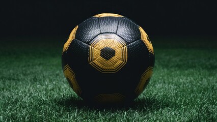 Black soccer ball on the grass, concept design, background, poster, backdrop for sport and football