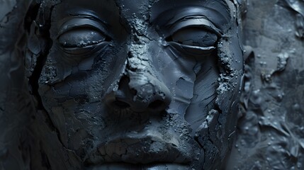A close view of a cracked clay sculpture portraying interracial human face.