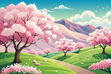 Serene Japanese garden with cherry blossom trees