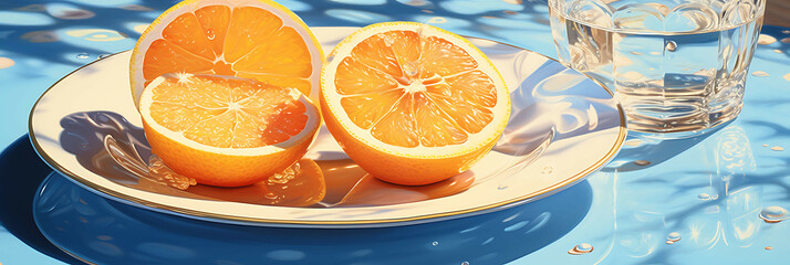 A tangerine slice placed on a vibrant plate, with a few tangerine seeds nearby, and a sprinkle of sugar on top, on a sunny outdoor table.
