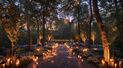 The candles cast playful shadows on the surrounding trees adding a touch of whimsy to the romantic atmosphere. 2d flat cartoon.