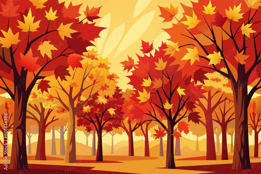 Poster a grove of maple trees with leaves ablaze in shades of red, orange, and yellow, creating a stunning 