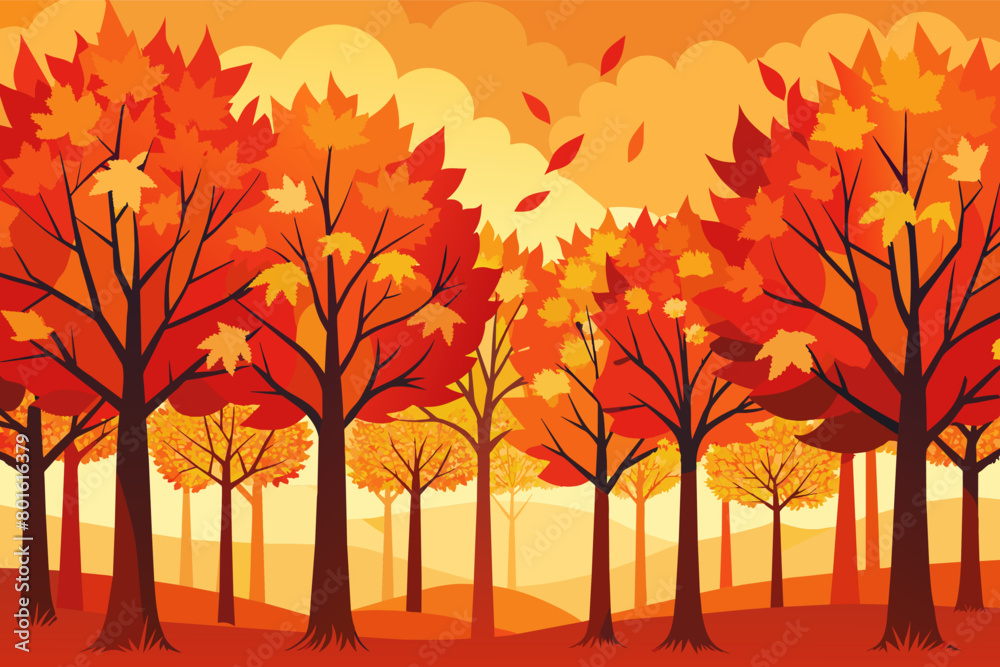 Poster a grove of maple trees with leaves ablaze in shades of red, orange, and yellow, creating a stunning 