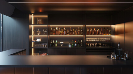 A contemporary home bar with a sleek countertop and minimalist shelving, framed by a strategically placed mirror enhancing the space's depth.