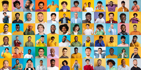 This collection features individual portraits of various guys smiling and showing happiness against...