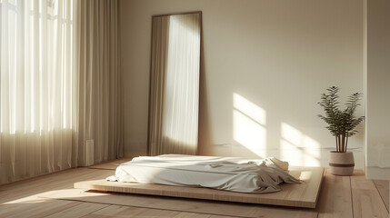A serene bedroom with a minimalist platform bed and a large, floor-length mirror reflecting natural light.