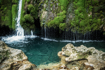 beautiful green waterfall in summer
