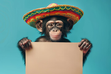a monkey portrait wearing a sombrero hat and mexican style clothing holding a blank promotion sign - obrazy, fototapety, plakaty
