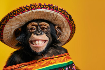 a monkey portrait wearing a sombrero hat and mexican style clothing - obrazy, fototapety, plakaty