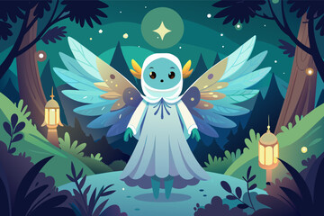 A gentle guardian spirit with luminous wings and a kind smile, watching over the creatures of the forest and protecting them from harm