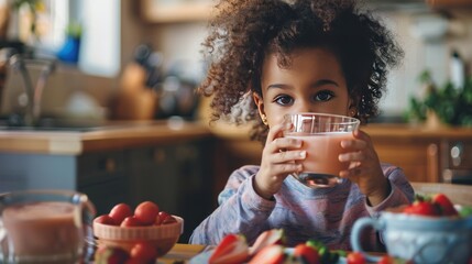 Portrait child drinking healthy milk on morning breakfast at home. AI generated image