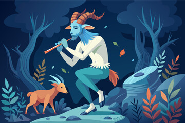 A gentle faun with the legs of a goat and the upper body of a human, playing a haunting melody on a pan flute and luring travelers deeper into the mystical forest