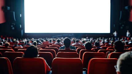 Obraz premium Cinema blank wide screen and people in red chairs in the cinema hall. Blurred People silhouettes watching movie performance.