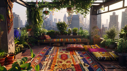 Bohemian Rooftop Garden: Hanging plants, colorful rugs, and city skyline views.