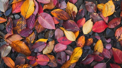 A pattern of colorful leaves on the ground symbolizing the changing of seasons in nature..