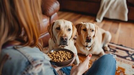 Closeup a woman give food on bowl to her labrador dog feeding time in home. AI generated image