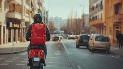Food delivery man riding scooter in city street with red backpack. AI generated image