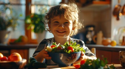 Portrait of happy little boy eating fresh salad at home. AI generated
