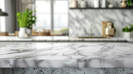 Closeup white table top marble on kitchen with blur background. AI generated image