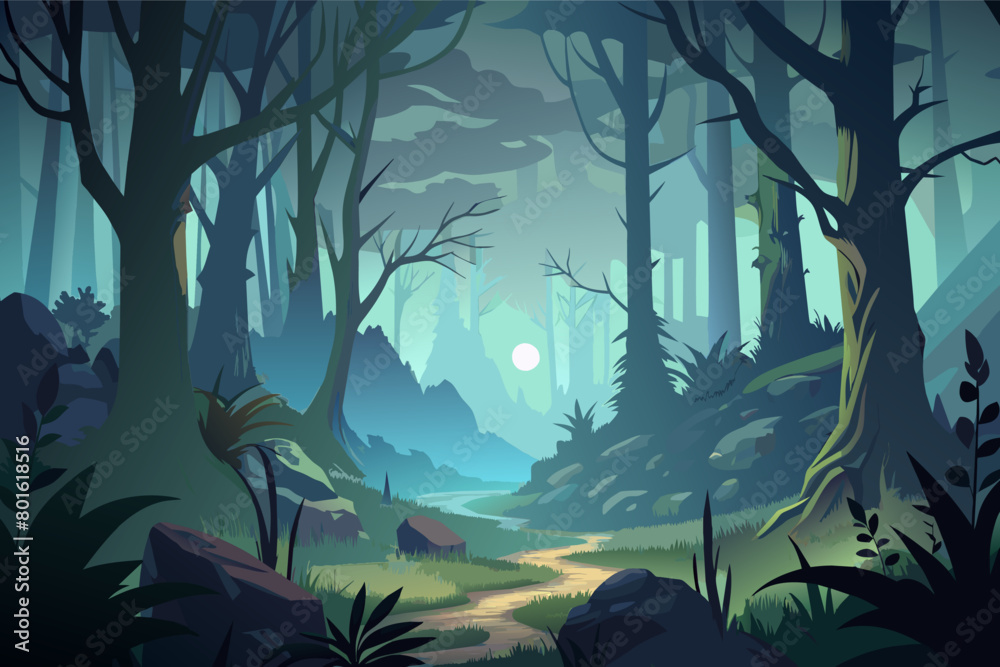 Poster a foggy forest with mysterious atmosphere