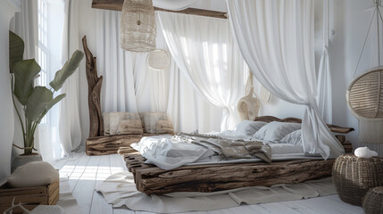 Coastal-Themed Bedroom: Driftwood bed frame, seashell decor, and billowing white curtains.