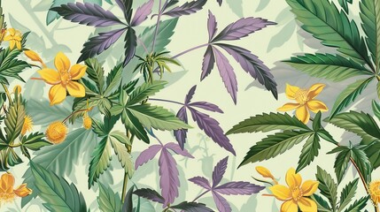 Vintage Botanical Wallpaper: Purple Marijuana Plants and Yellow Flowers